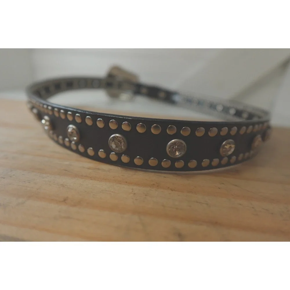 Women's Black Leather Studded Nocona Belt Medium‎ Rhinestones Silver Tone Buckle
